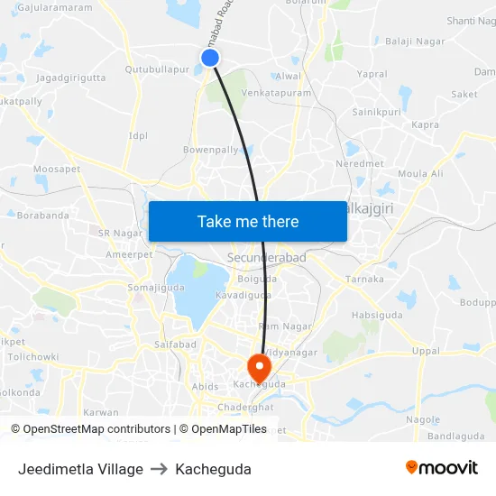 Jeedimetla Village to Kacheguda map