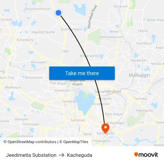 Jeedimetla Substation to Kacheguda map