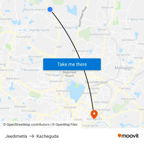 Jeedimetla to Kacheguda map