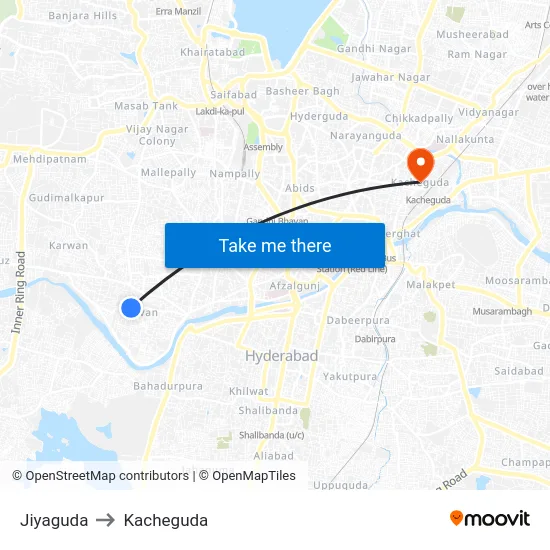 Jiyaguda to Kacheguda map