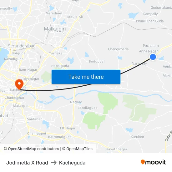 Jodimetla X Road to Kacheguda map