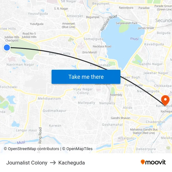 Journalist Colony to Kacheguda map