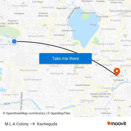 M.L.A Colony to Kacheguda map