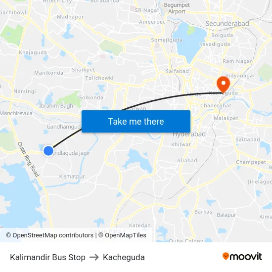 Kalimandir Bus Stop to Kacheguda map