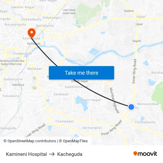 Kamineni Hospital to Kacheguda map