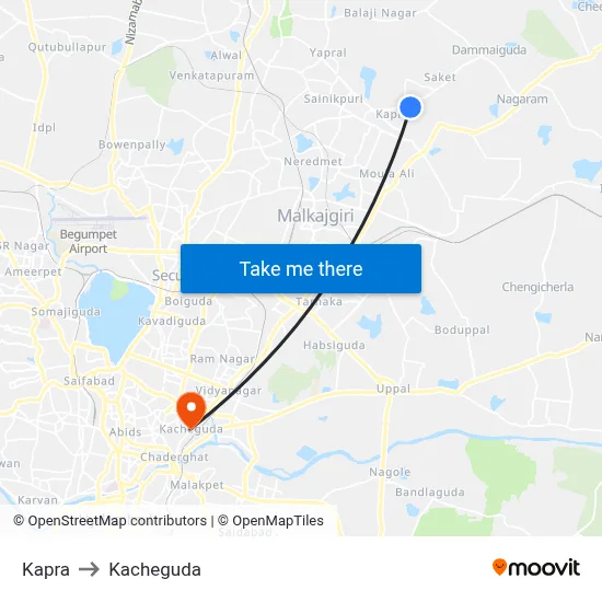 Kapra to Kacheguda map