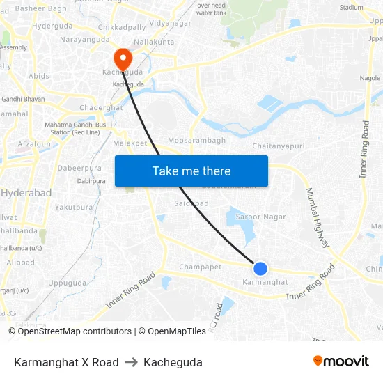 Karmanghat X Road to Kacheguda map