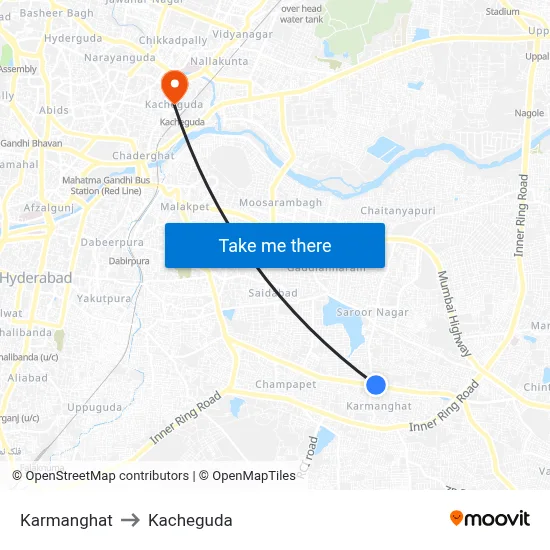 Karmanghat to Kacheguda map