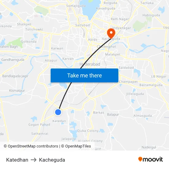 Katedhan to Kacheguda map