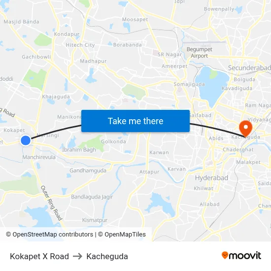 Kokapet X Road to Kacheguda map