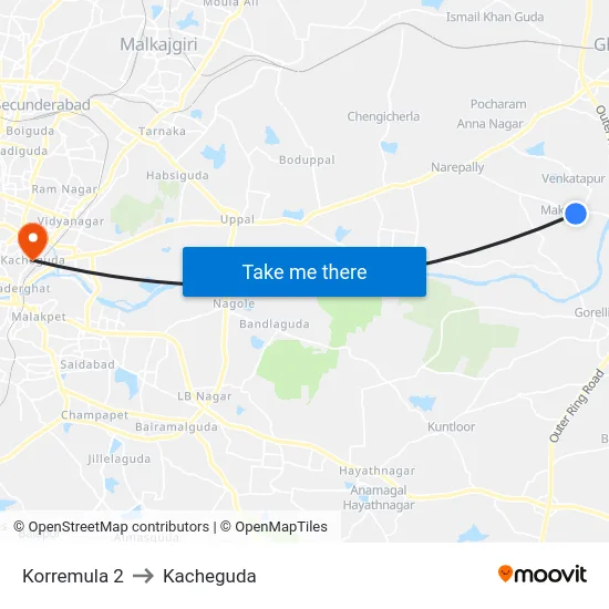 Korremula 2 to Kacheguda map