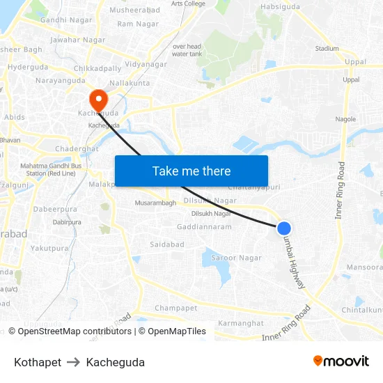 Kothapet to Kacheguda map