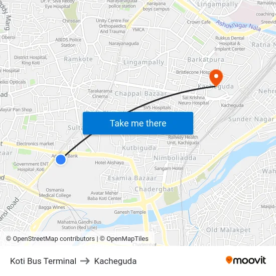 Koti Bus Terminal to Kacheguda map