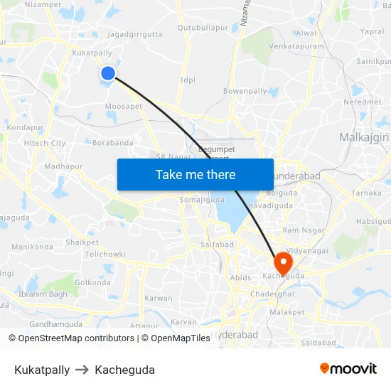 Kukatpally to Kacheguda map