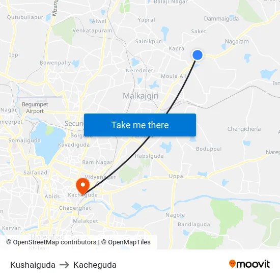 Kushaiguda to Kacheguda map