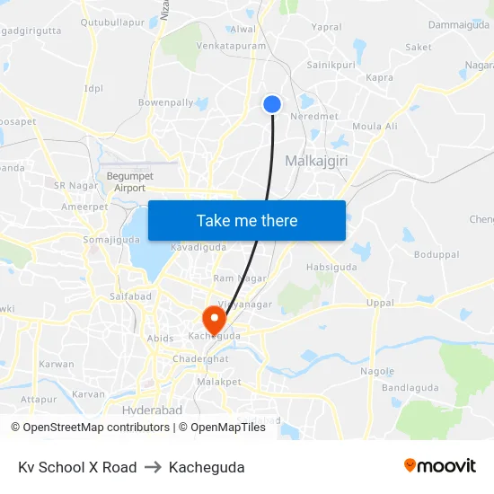 Kv School X Road to Kacheguda map