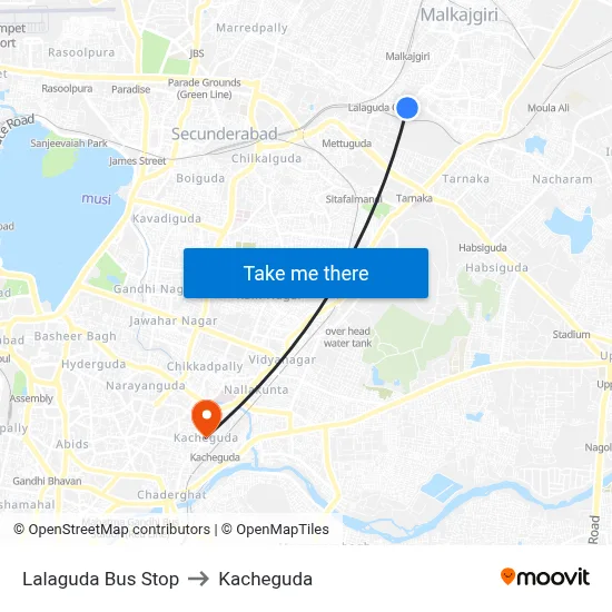 Lalaguda Bus Stop to Kacheguda map