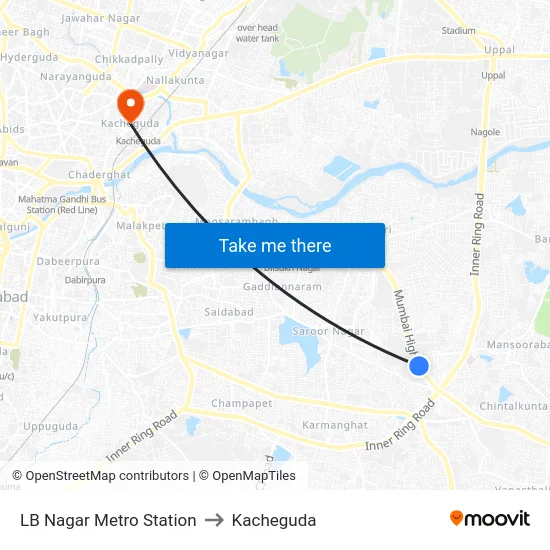 LB Nagar Metro Station to Kacheguda map