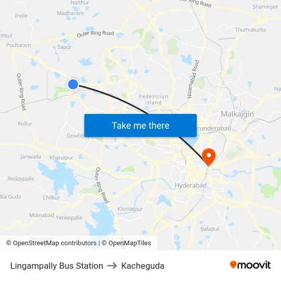 Lingampally Bus Station to Kacheguda map