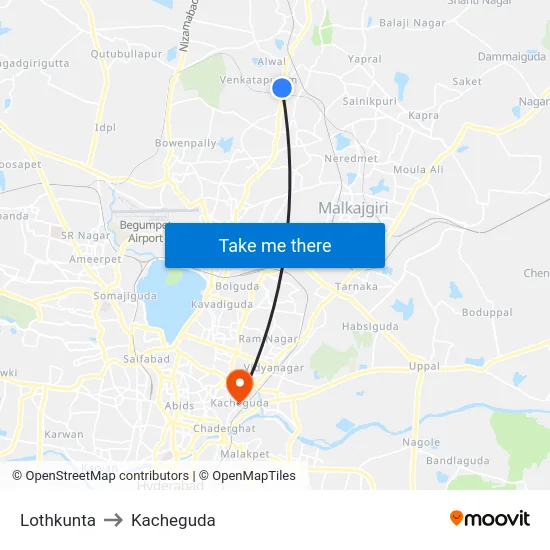 Lothkunta to Kacheguda map