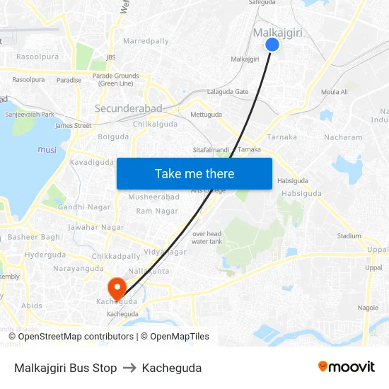 Malkajgiri Bus Stop to Kacheguda map