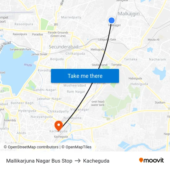 Mallikarjuna Nagar Bus Stop to Kacheguda map