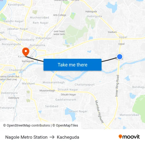 Nagole Metro Station to Kacheguda map