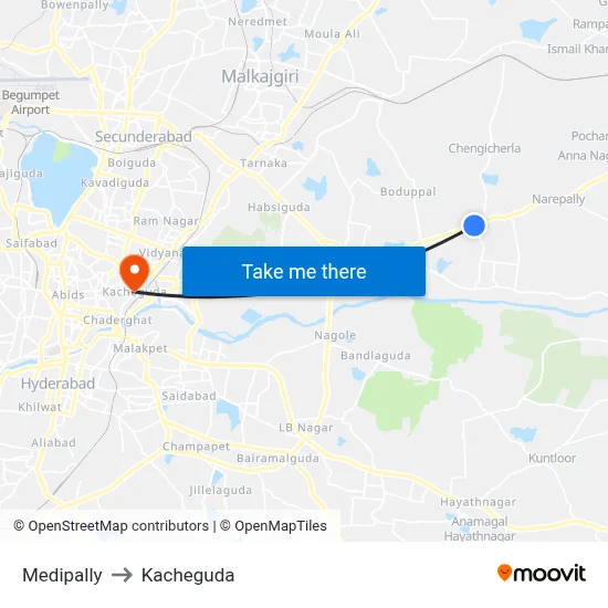 Medipally to Kacheguda map