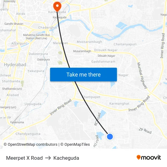 Meerpet X Road to Kacheguda map