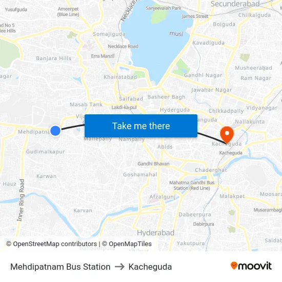 Mehdipatnam Bus Station to Kacheguda map
