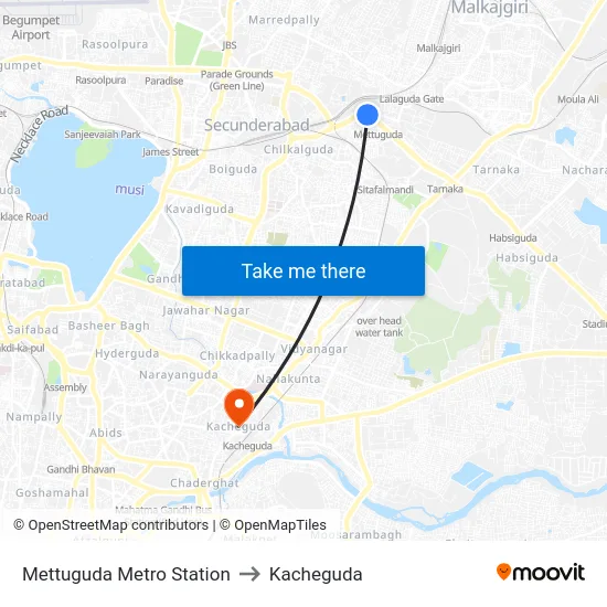 Mettuguda Metro Station to Kacheguda map
