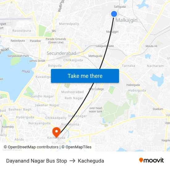 Dayanand Nagar Bus Stop to Kacheguda map