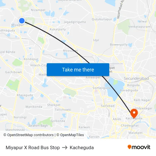 Miyapur X Road Bus Stop to Kacheguda map