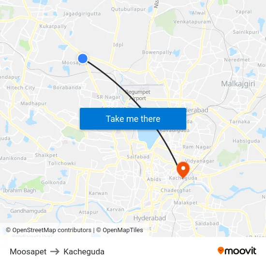 Moosapet to Kacheguda map
