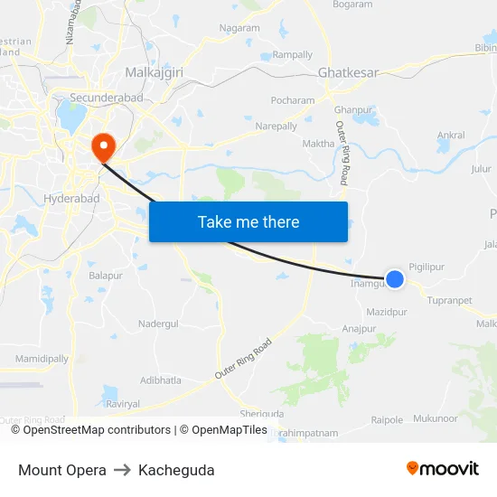 Mount Opera to Kacheguda map