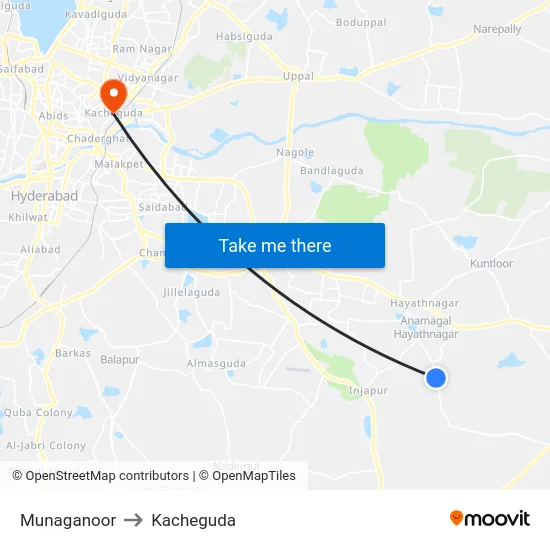 Munaganoor to Kacheguda map