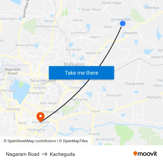 Nagaram Road to Kacheguda map