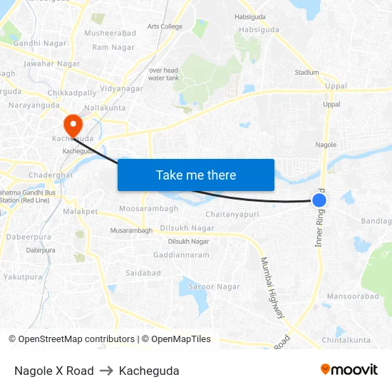 Nagole X Road to Kacheguda map