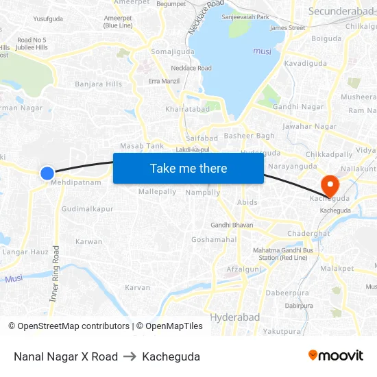 Nanal Nagar X Road to Kacheguda map