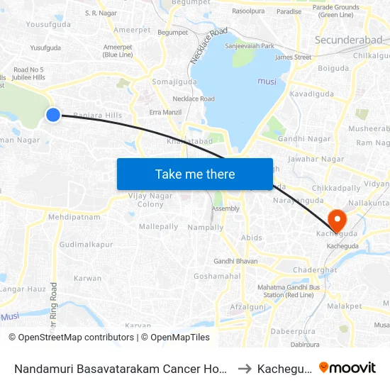 Nandamuri Basavatarakam Cancer Hospital to Kacheguda map