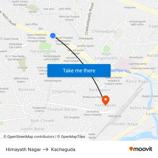 Himayath Nagar to Kacheguda map