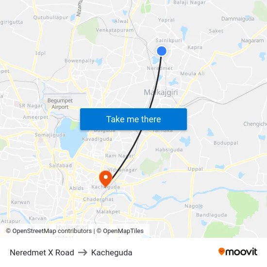 Neredmet X Road to Kacheguda map