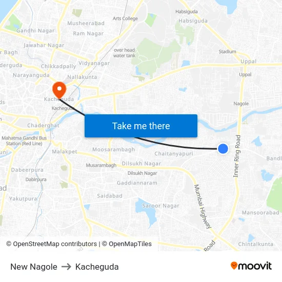 New Nagole to Kacheguda map