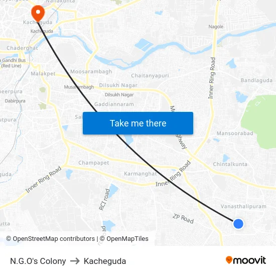 N.G.O's Colony to Kacheguda map