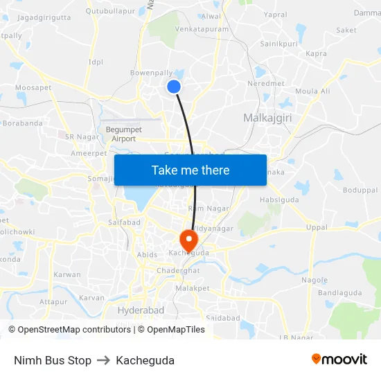 Nimh Bus Stop to Kacheguda map
