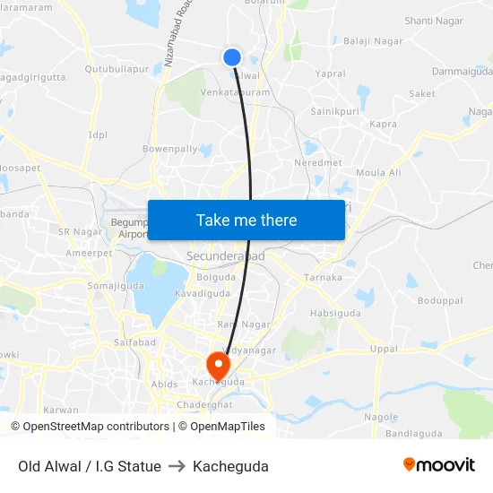 Old Alwal / I.G Statue to Kacheguda map