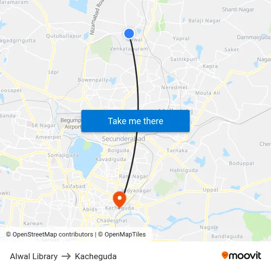 Alwal Library to Kacheguda map