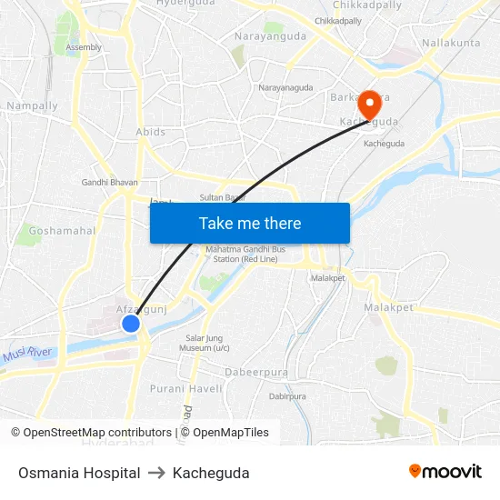 Osmania Hospital to Kacheguda map