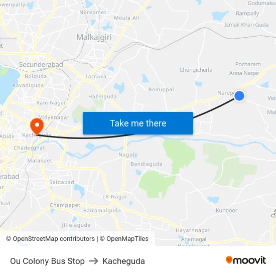 Ou Colony Bus Stop to Kacheguda map