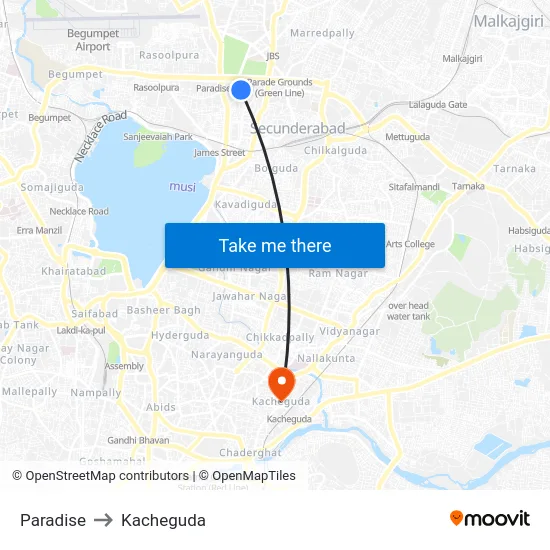 Paradise to Kacheguda map